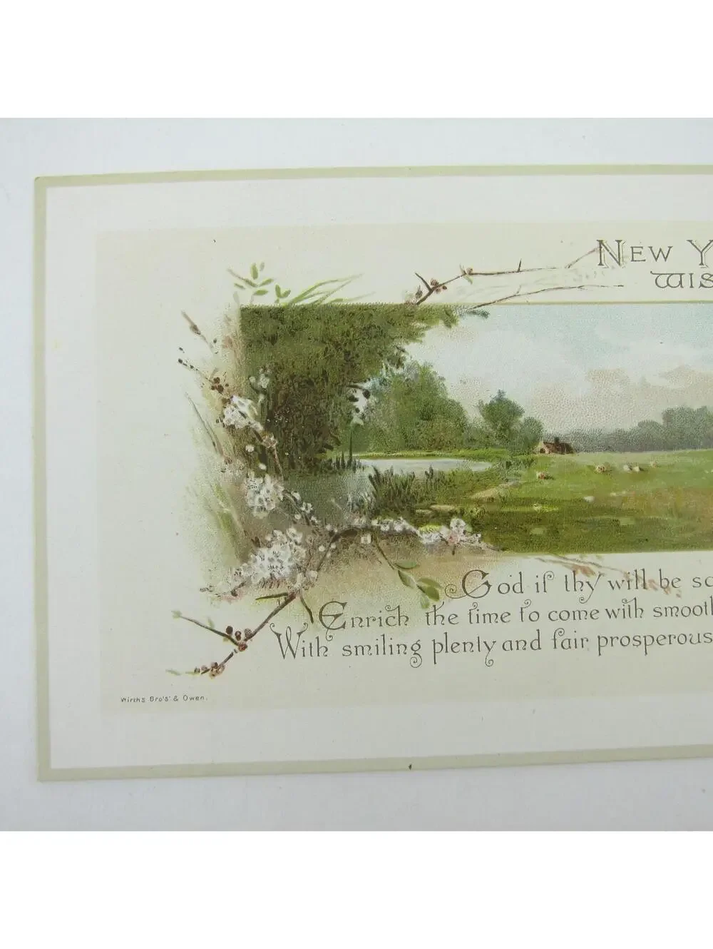 Victorian Greeting Card New Years Wirths Bros & Owen Cabin Field Flowers Antique
